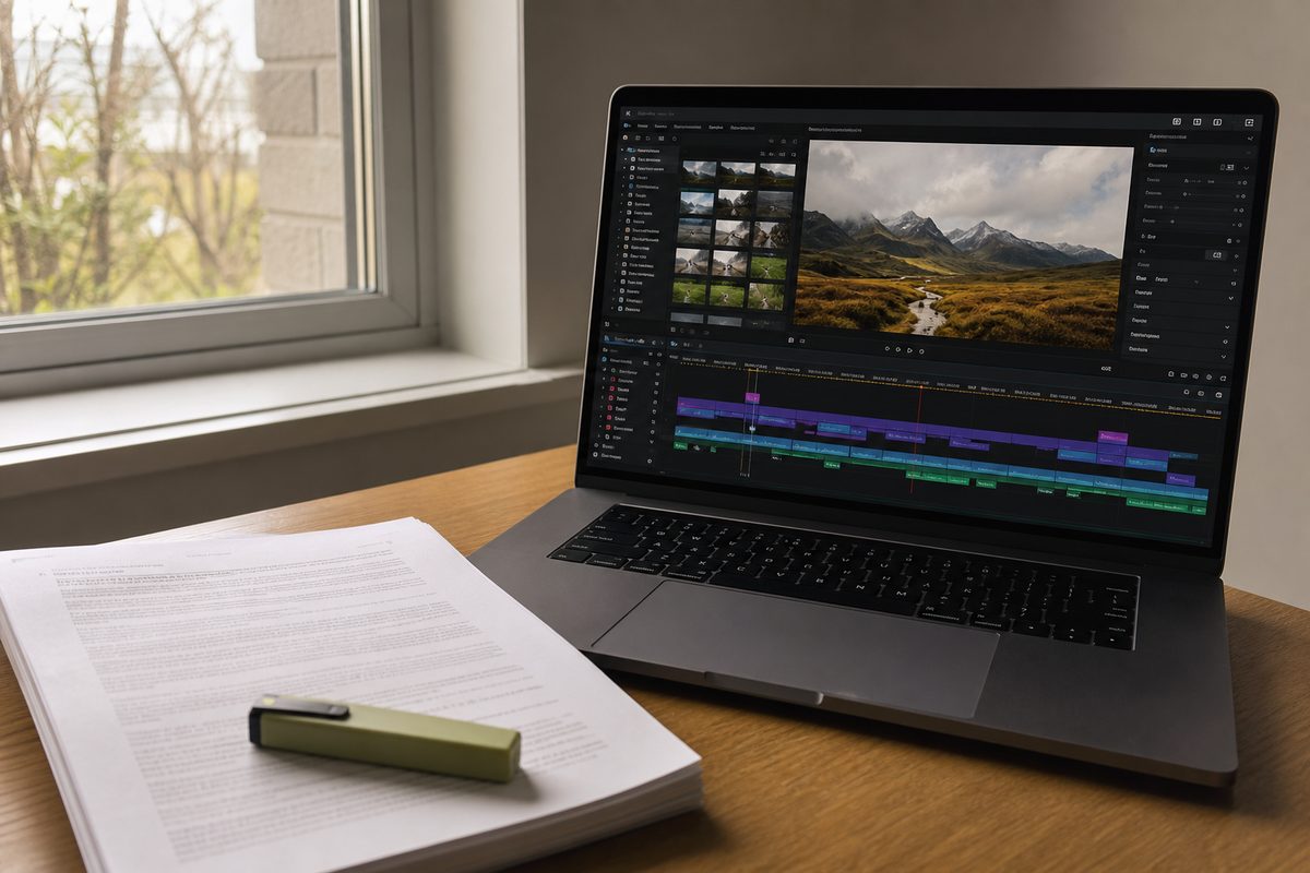 Laptop met een video-tijdlijn op het scherm, ernaast een uitgeprint contract met een markeerstift erop